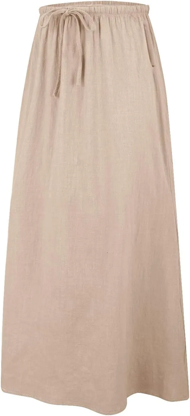 Womens Linen Maxi Skirt Elastic Waist Drawstring Flared Long Ankle-Length Dress Cute Vacation Boho Long Flowy Skirts