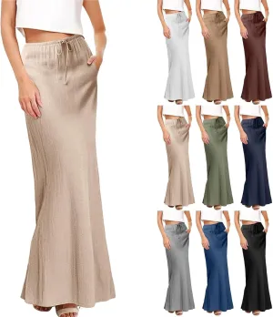 Womens Linen Maxi Skirt Elastic Waist Drawstring Flared Long Ankle-Length Dress Cute Vacation Boho Long Flowy Skirts