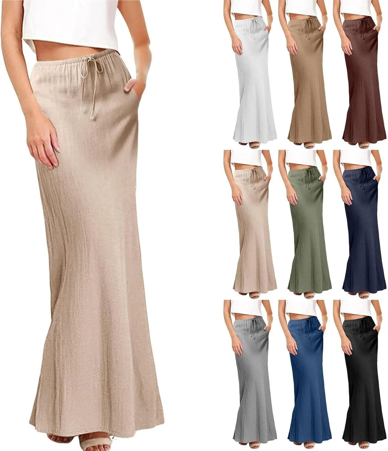 Womens Linen Maxi Skirt Elastic Waist Drawstring Flared Long Ankle-Length Dress Cute Vacation Boho Long Flowy Skirts