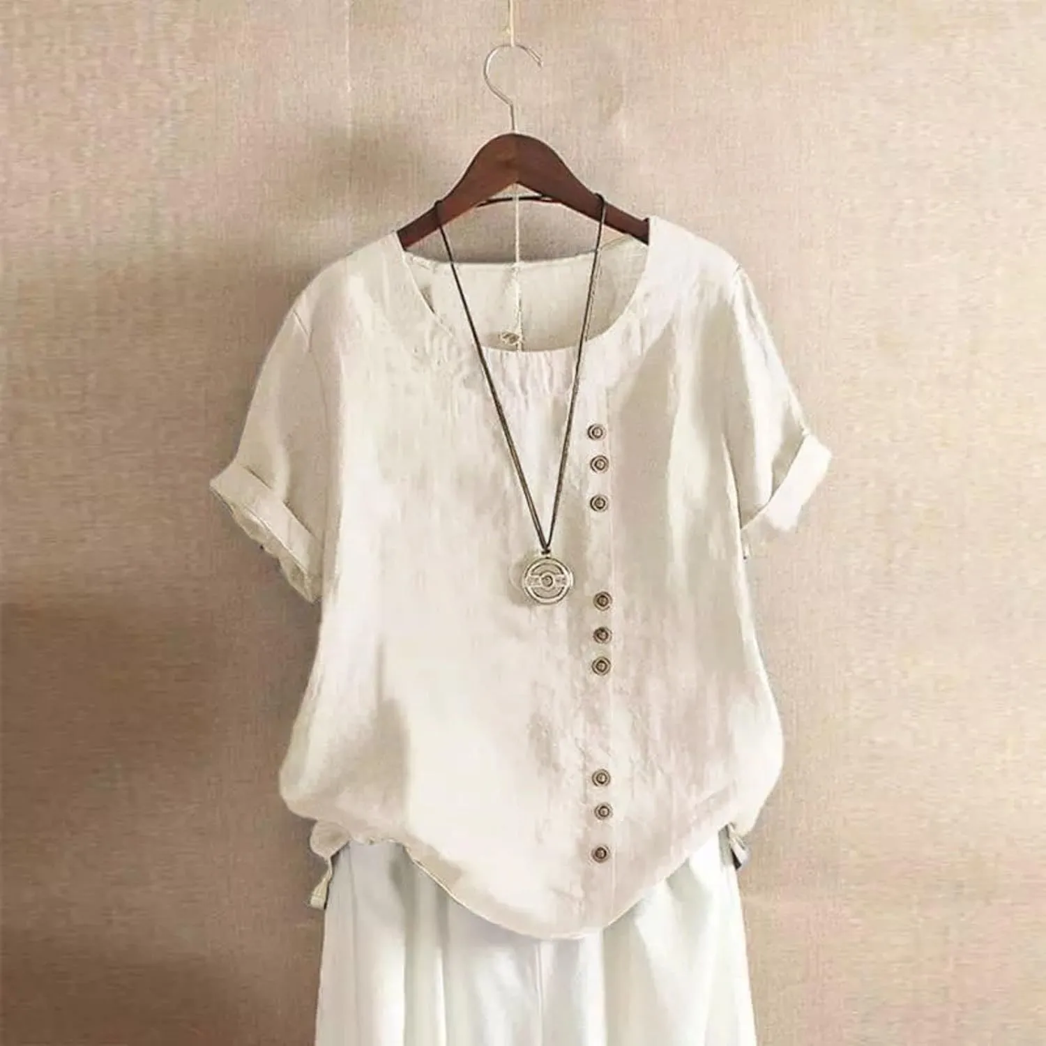 Womens Linen Tops Crew Neck Short Sleeve T Shirts Plus Size Summer Tops Button Down Blouses Fashion Tee Shirts