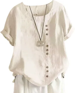 Womens Linen Tops Crew Neck Short Sleeve T Shirts Plus Size Summer Tops Button Down Blouses Fashion Tee Shirts
