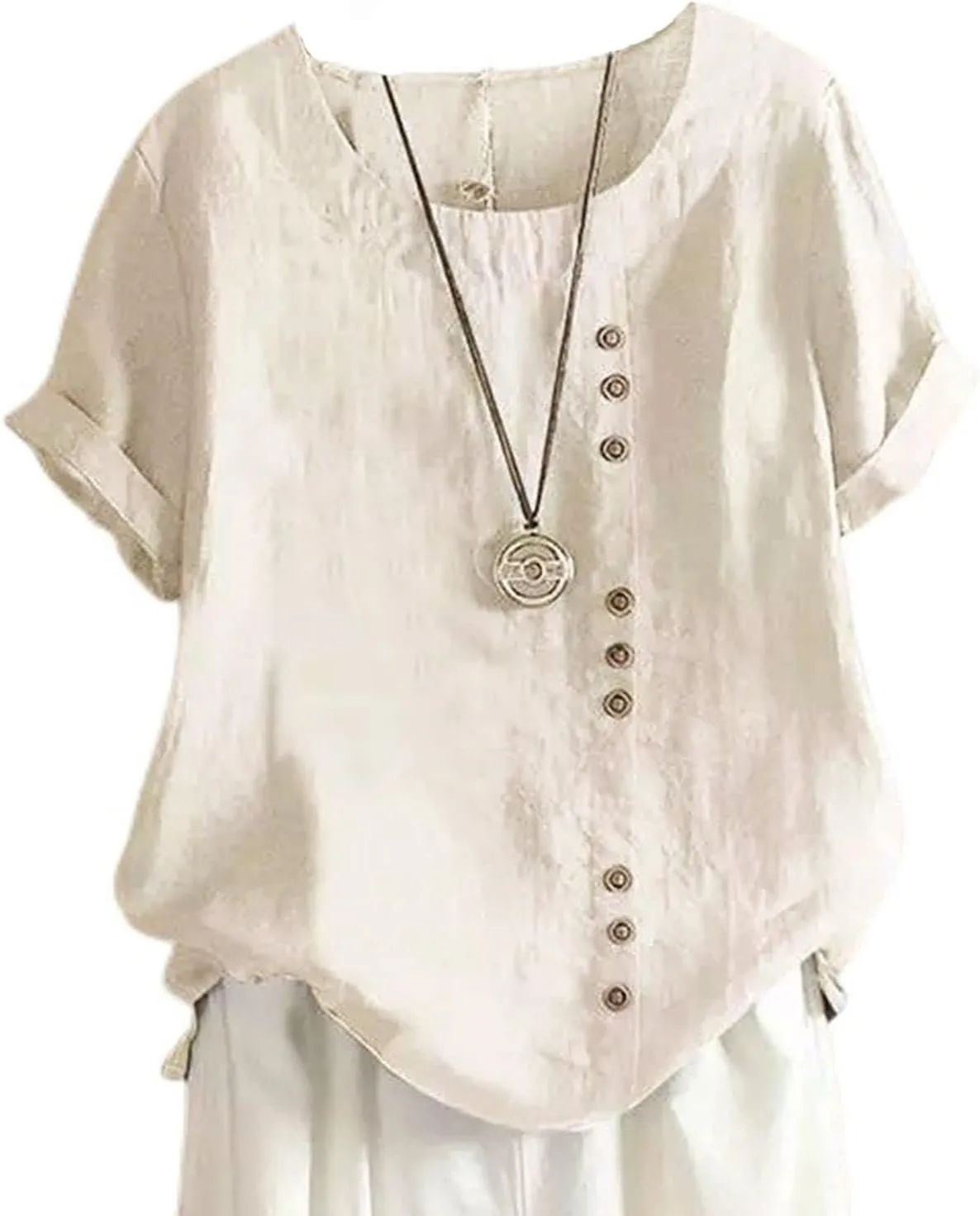 Womens Linen Tops Crew Neck Short Sleeve T Shirts Plus Size Summer Tops Button Down Blouses Fashion Tee Shirts