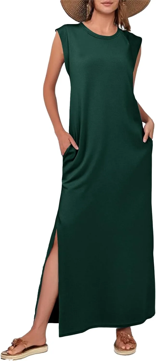 Womens Maxi Dress Summer Casual Sleeveless Sundress Crew Neck Long Dresses Split Wrinkle-Free Dresses with Pockets
