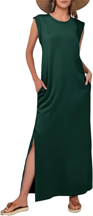 Womens Maxi Dress Summer Casual Sleeveless Sundress Crew Neck Long Dresses Split Wrinkle-Free Dresses with Pockets