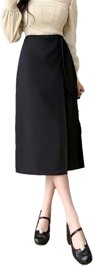 Women's Mid Length Skirts Vintage High Waist Buttons Decoration A-Line Long Skirts