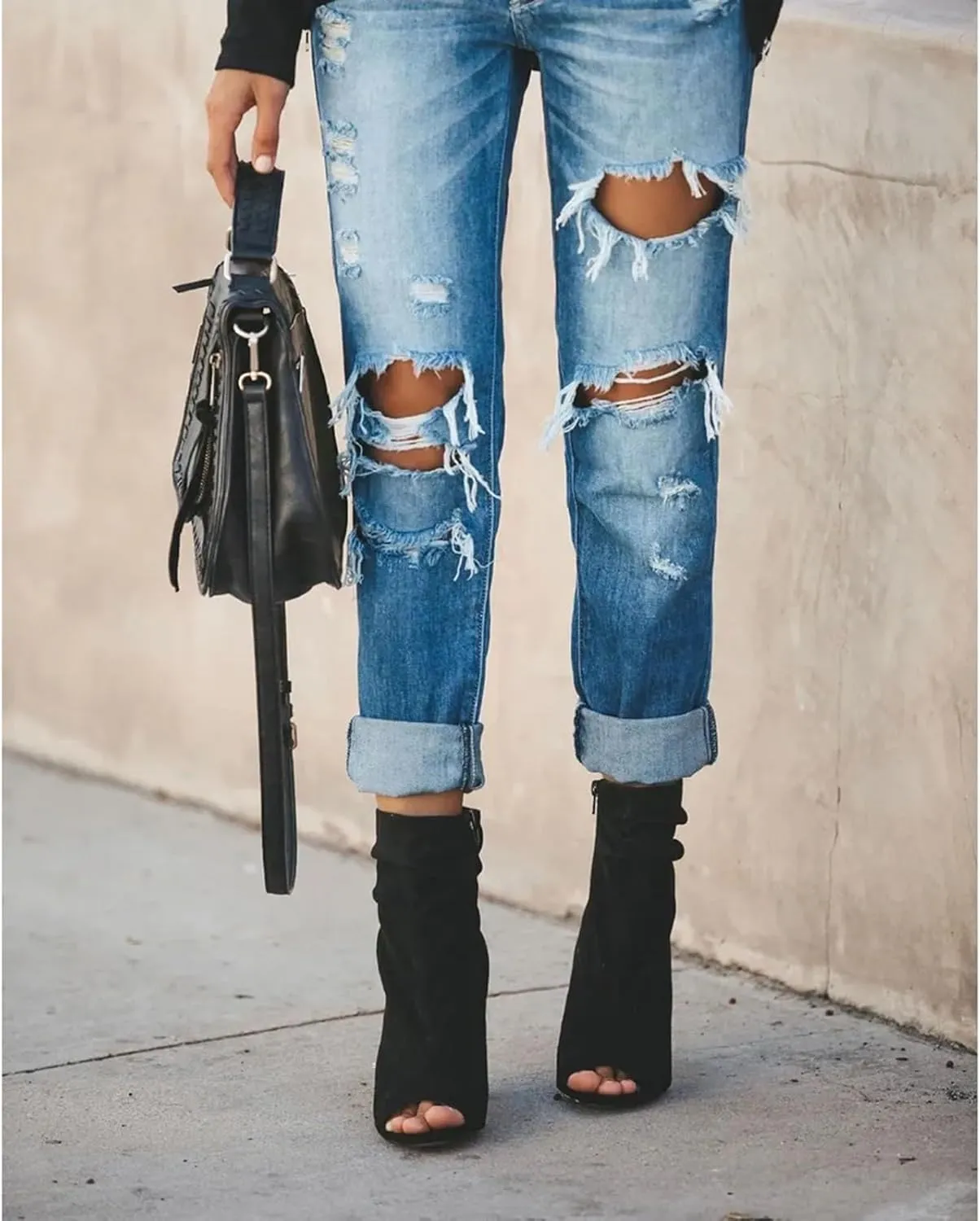 Womens Mid Waisted Ripped Jeans Straight Leg Stretchy Slim Fit Boyfriend Distressed Denim Pants with Pocket