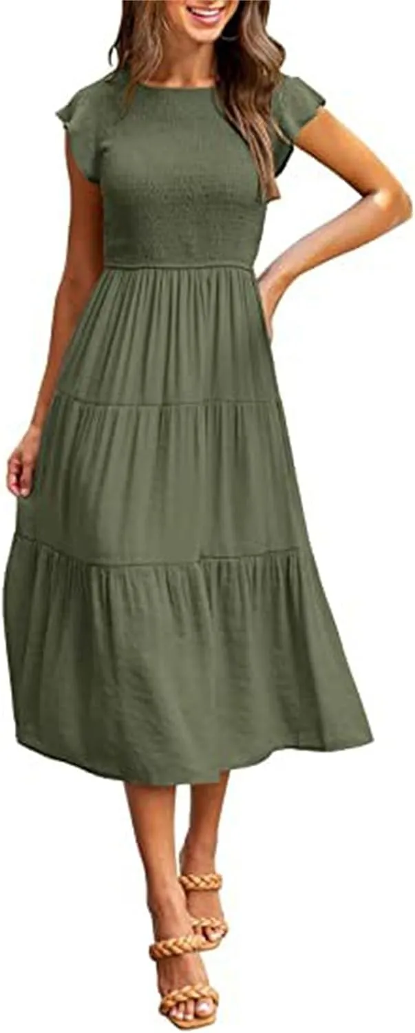 Womens Midi Dresses Summer Round Neck Puff Sleeveless Dress Loose Fit Tummy Control Ruffle Tiered Hem Beach Sundress