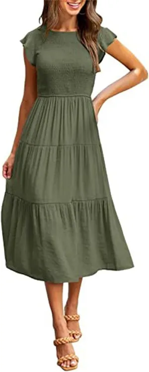 Womens Midi Dresses Summer Round Neck Puff Sleeveless Dress Loose Fit Tummy Control Ruffle Tiered Hem Beach Sundress