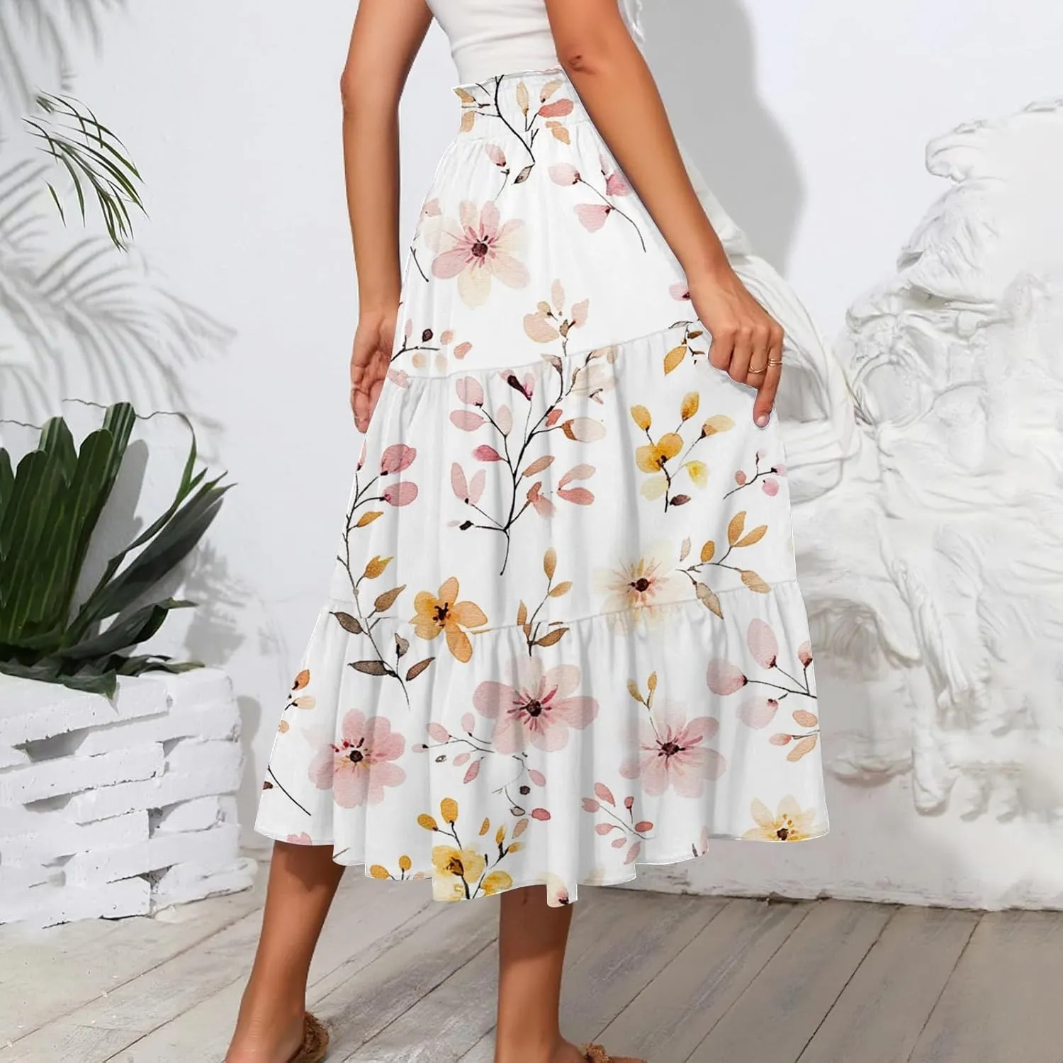 Women's Midi Skirts High Waist A-Line Flowy Summer Skirts for Women Trendy