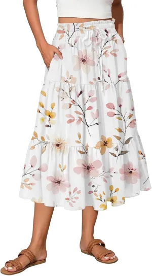 Women's Midi Skirts High Waist A-Line Flowy Summer Skirts for Women Trendy