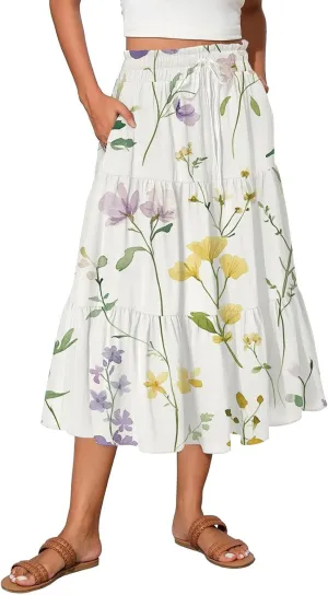 Women's Midi Skirts High Waist A-Line Flowy Summer Skirts for Women Trendy