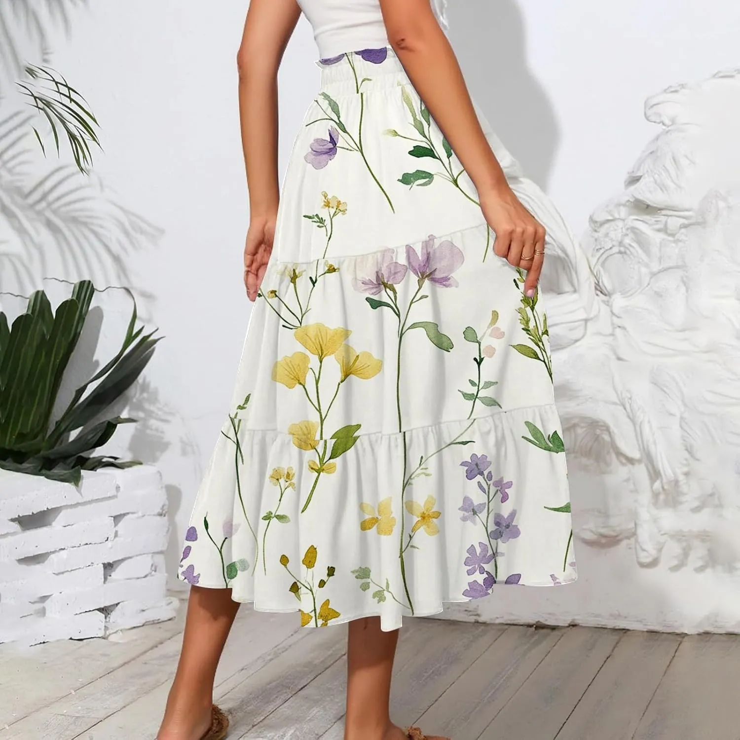Women's Midi Skirts High Waist A-Line Flowy Summer Skirts for Women Trendy