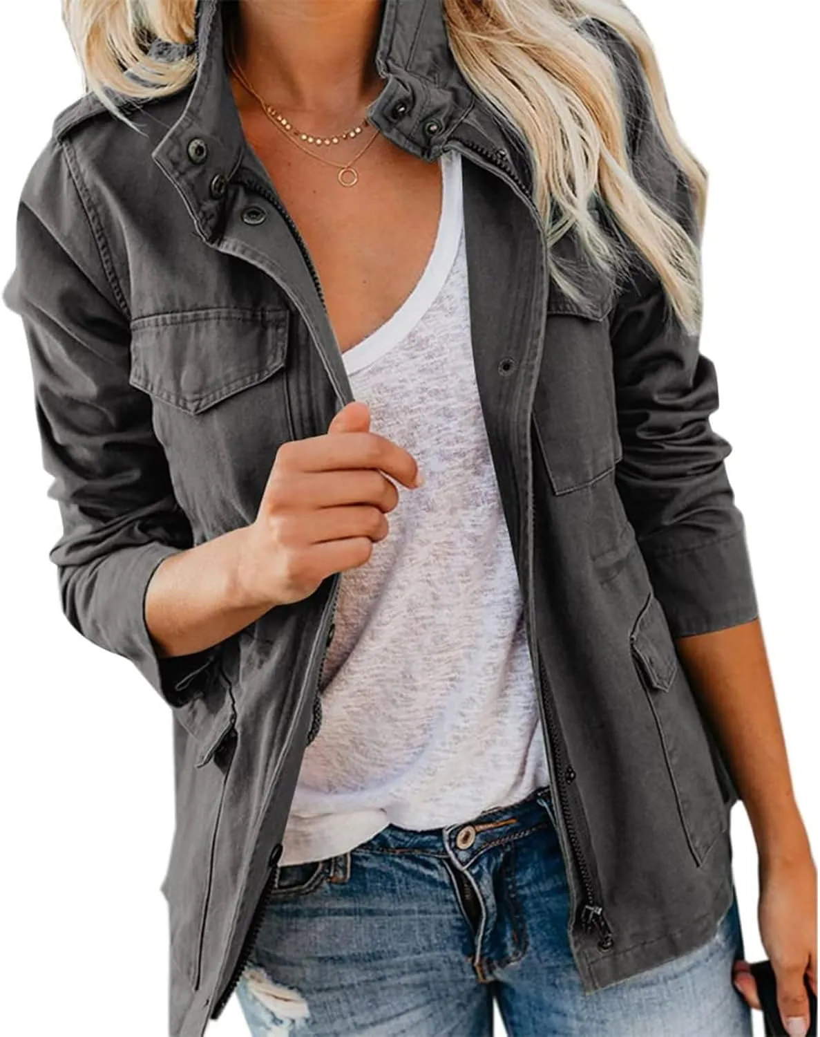 Womens Military Anorak Jacket Lapel Zip Up Snap Button Parka Outdoor Utility Lightweight Fields Outwear with Pockets