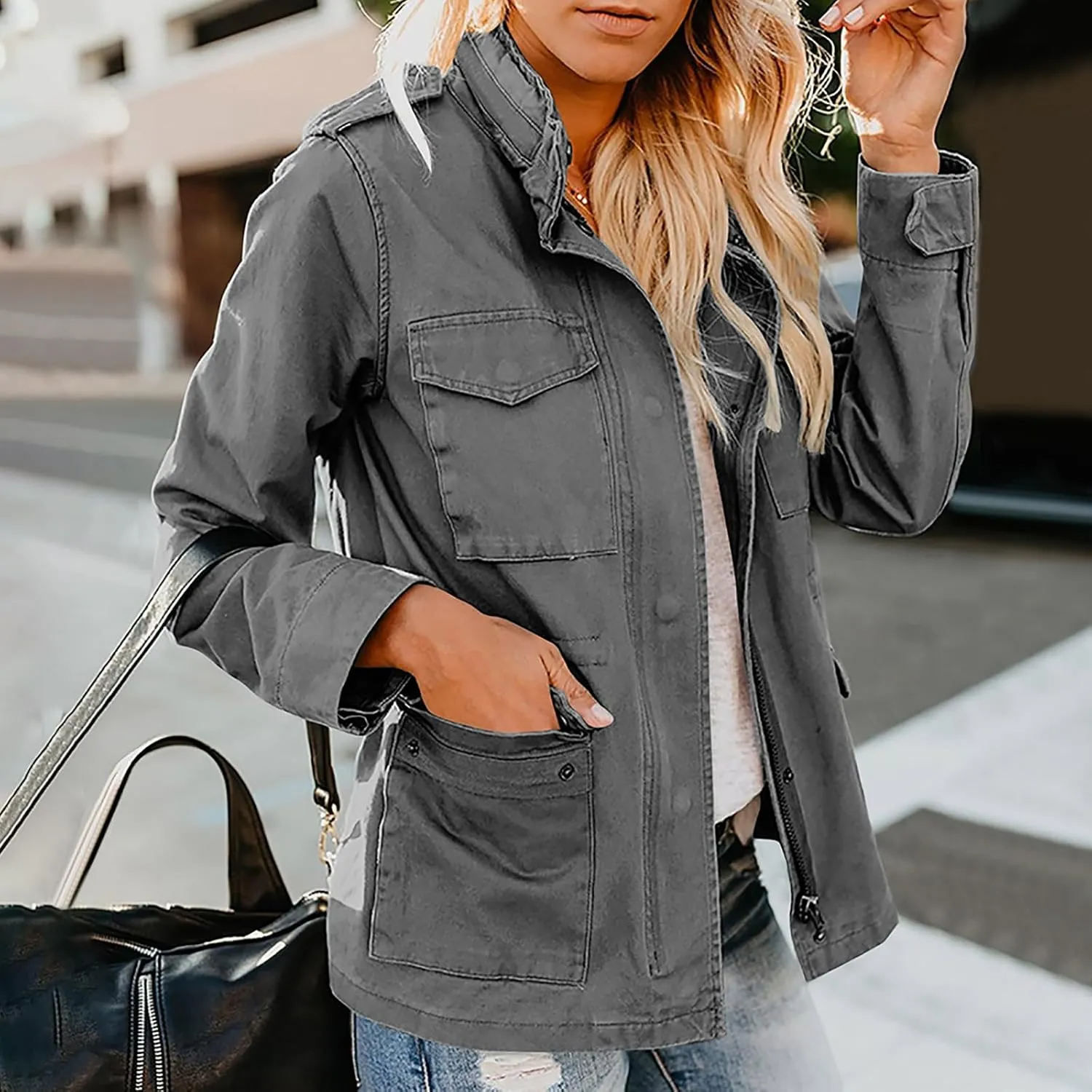 Womens Military Anorak Jacket Lapel Zip Up Snap Button Parka Outdoor Utility Lightweight Fields Outwear with Pockets