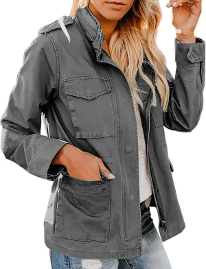 Womens Military Anorak Jacket Lapel Zip Up Snap Button Parka Outdoor Utility Lightweight Fields Outwear with Pockets