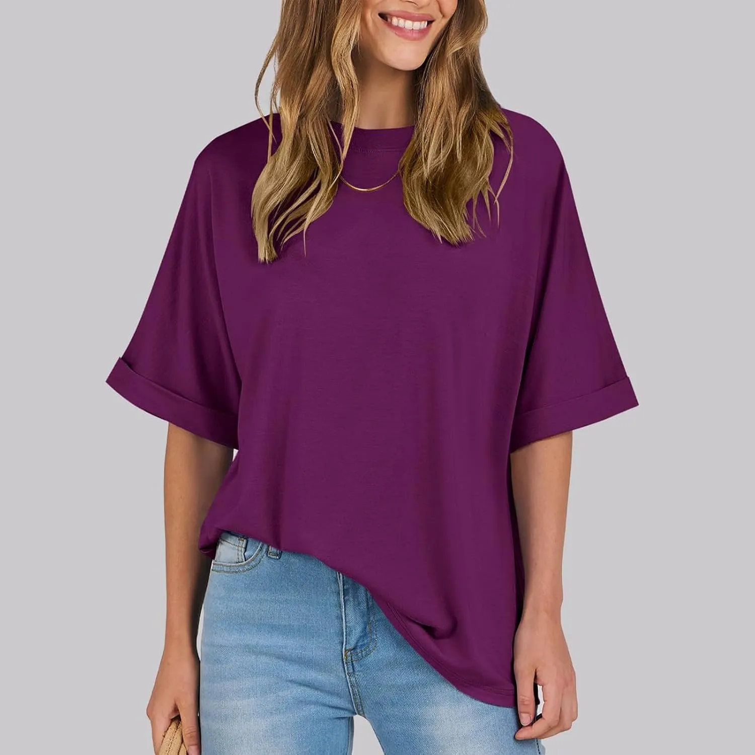 Women's Oversized T Shirts Short Sleeve Crewneck Solid Color Summer Tops Casual Loose Basic Tee Shirts Trendy Clothes