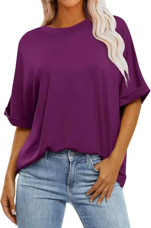 Women's Oversized T Shirts Short Sleeve Crewneck Solid Color Summer Tops Casual Loose Basic Tee Shirts Trendy Clothes
