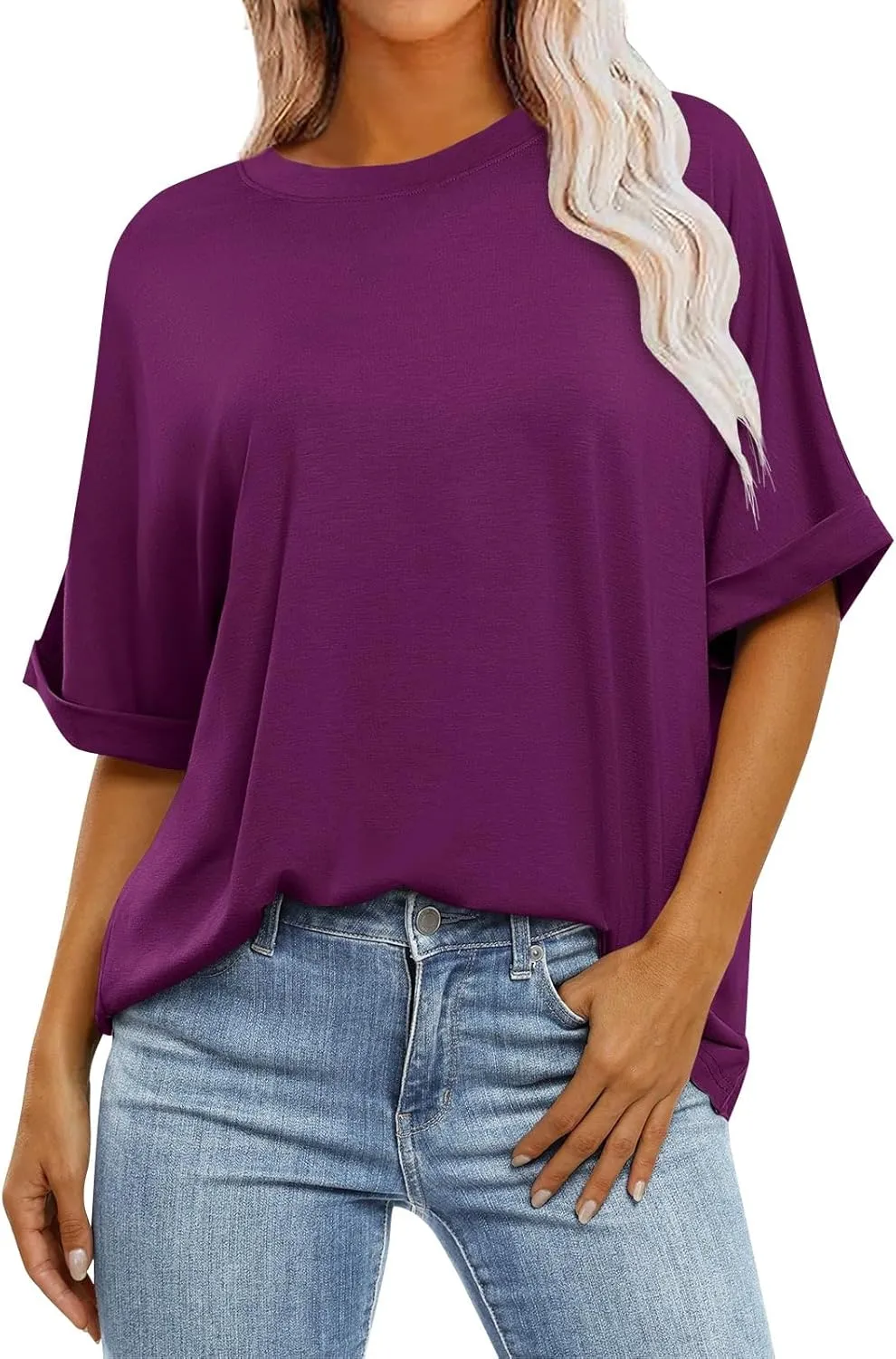 Women's Oversized T Shirts Short Sleeve Crewneck Solid Color Summer Tops Casual Loose Basic Tee Shirts Trendy Clothes