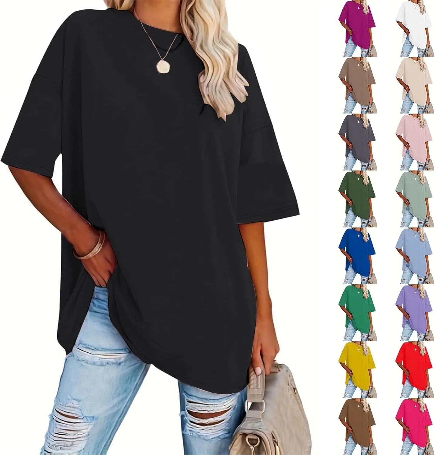 Women's Oversized T Shirts Tees Half Sleeve Crew Neck Cotton Tunic Tops