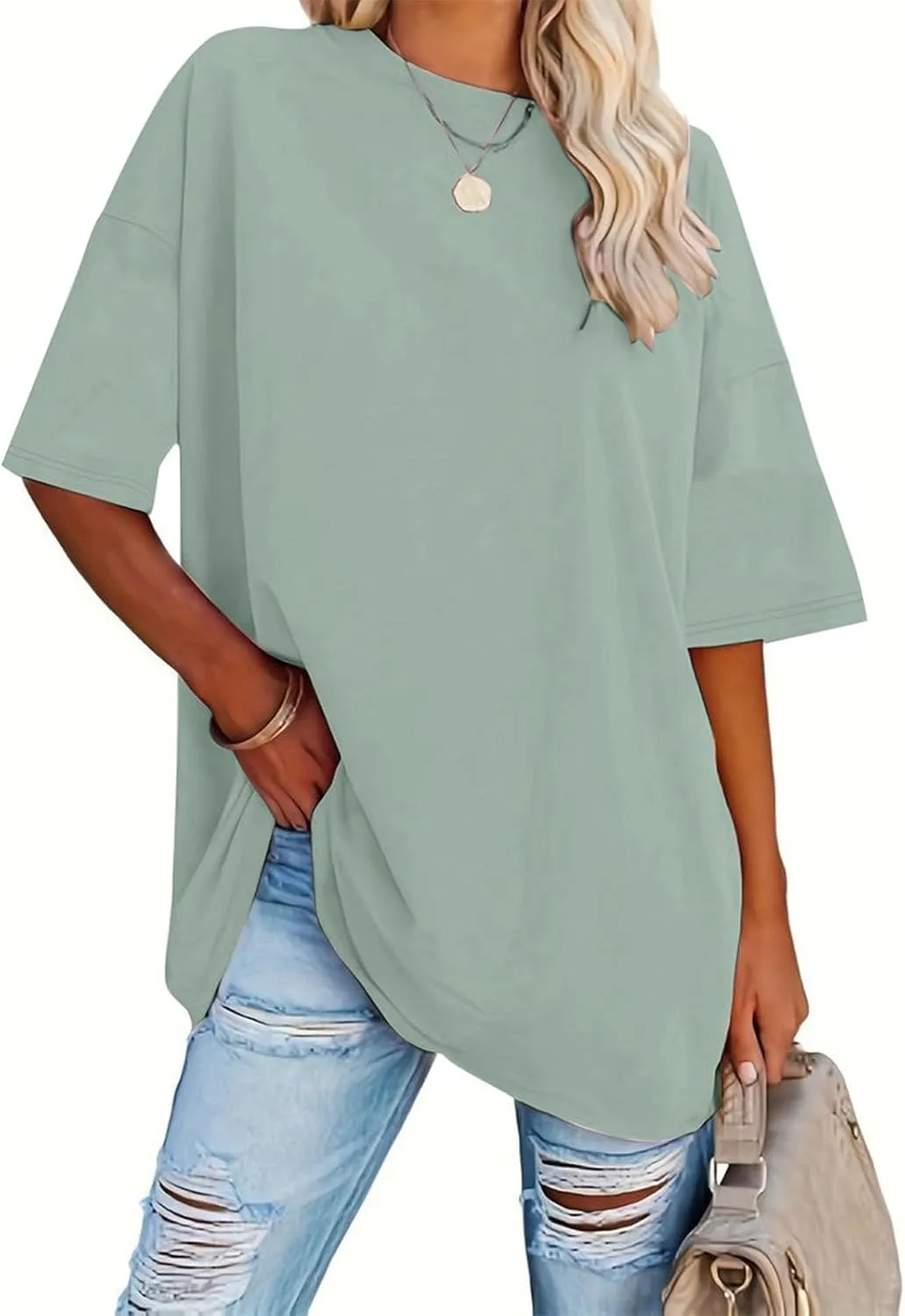 Women's Oversized T Shirts Tees Half Sleeve Crew Neck Cotton Tunic Tops