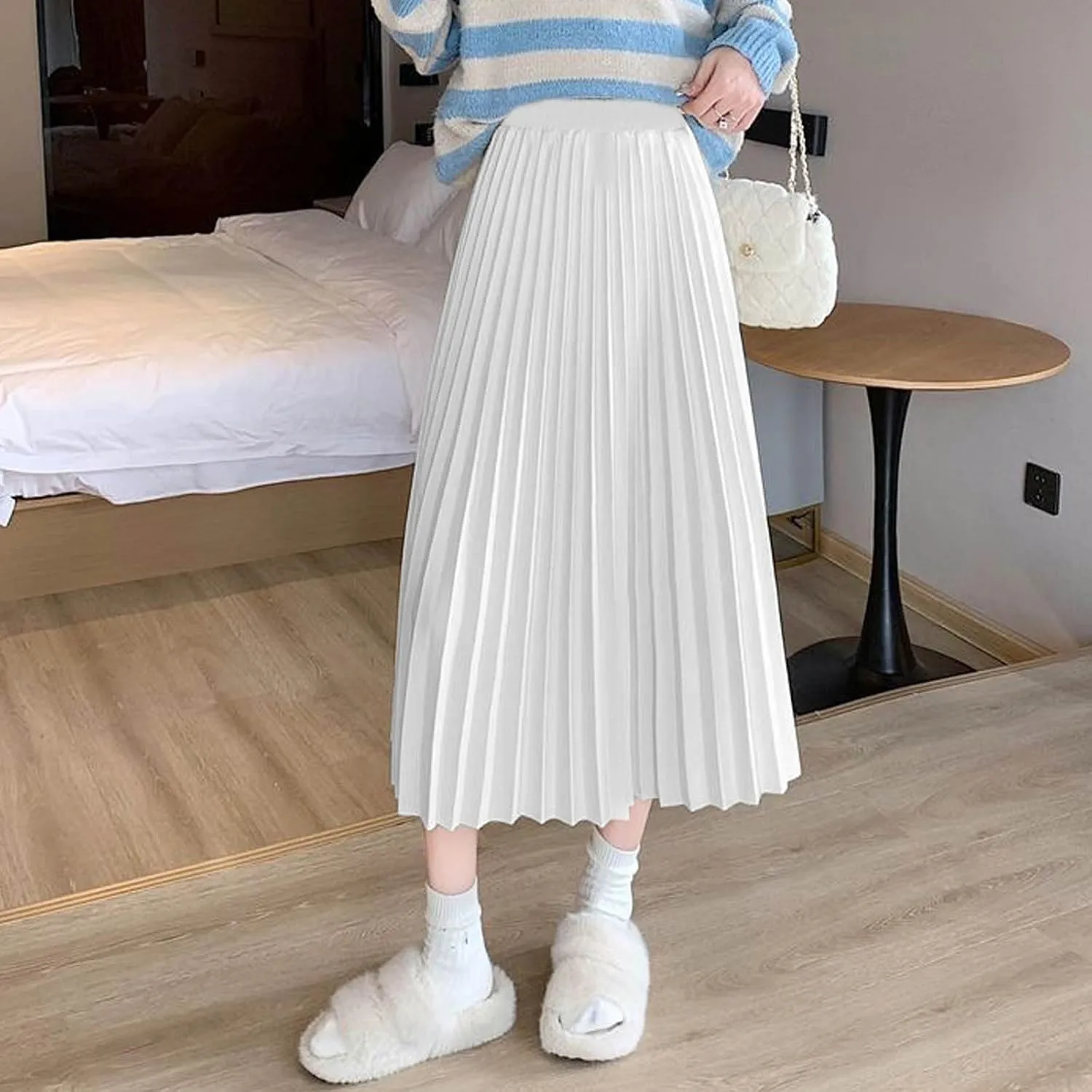 Women's Pleated A-Line Midi Skirts Trendy Casual Loose Elastic High Waist Swing Skirt Solid Flowy A-Line Long Skirts