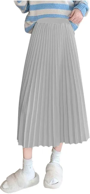 Women's Pleated A-Line Midi Skirts Trendy Casual Loose Elastic High Waist Swing Skirt Solid Flowy A-Line Long Skirts