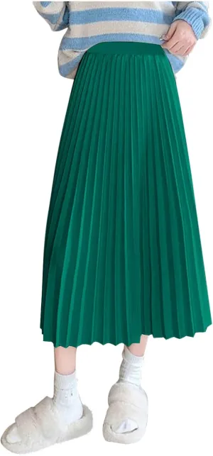 Women's Pleated A-Line Midi Skirts Trendy Casual Loose Elastic High Waist Swing Skirt Solid Flowy A-Line Long Skirts