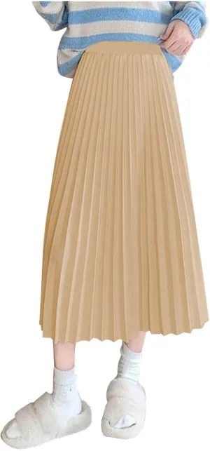 Women's Pleated A-Line Midi Skirts Trendy Casual Loose Elastic High Waist Swing Skirt Solid Flowy A-Line Long Skirts