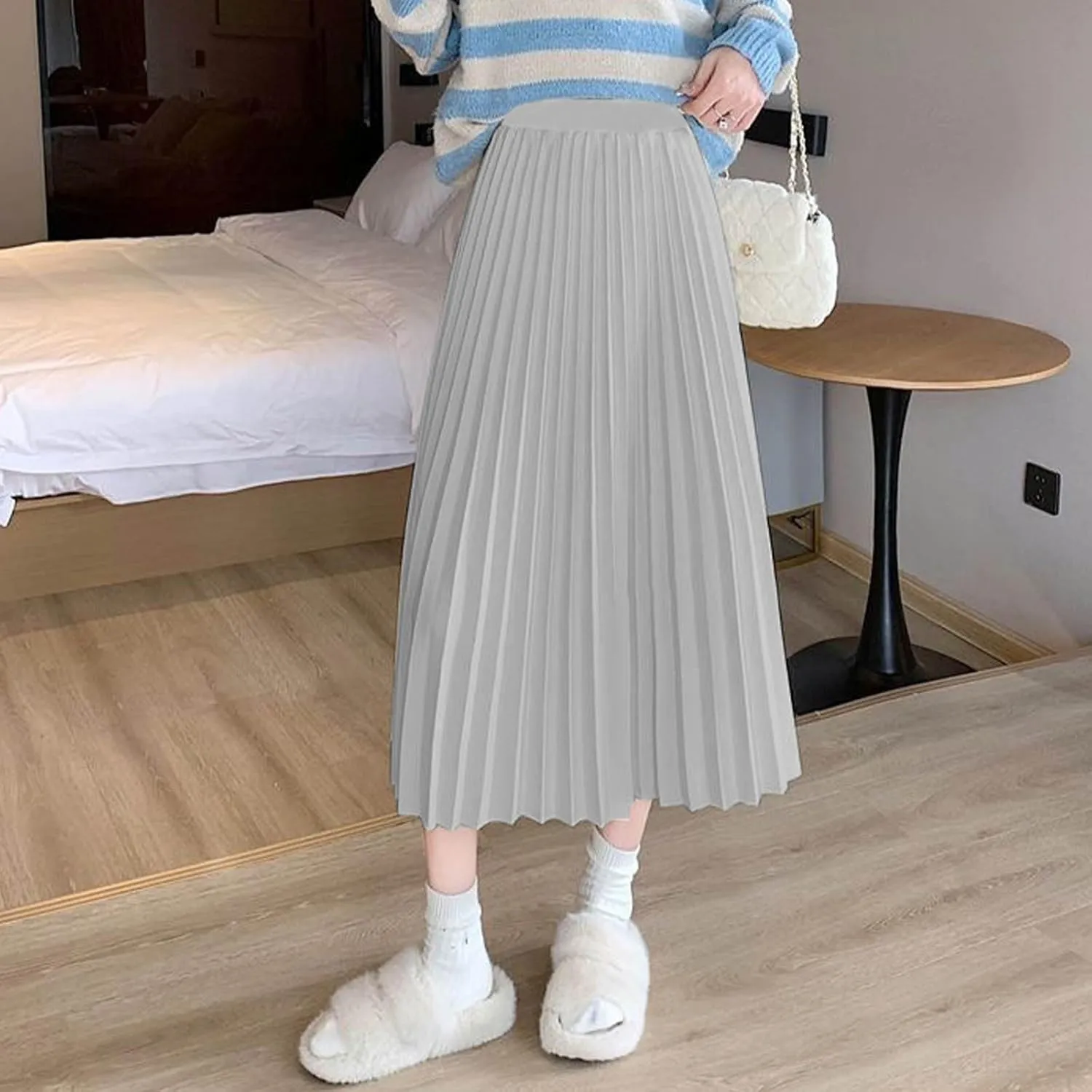 Women's Pleated A-Line Midi Skirts Trendy Casual Loose Elastic High Waist Swing Skirt Solid Flowy A-Line Long Skirts