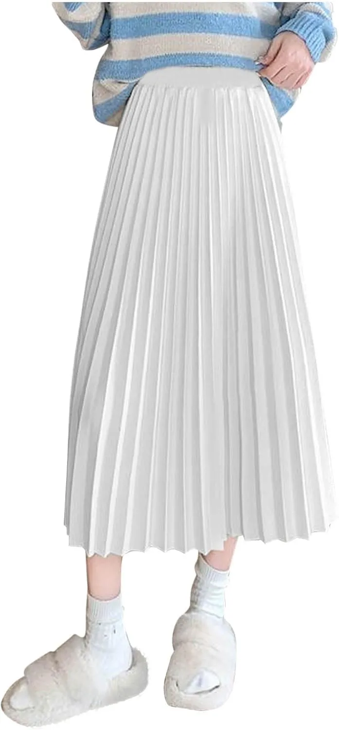 Women's Pleated A-Line Midi Skirts Trendy Casual Loose Elastic High Waist Swing Skirt Solid Flowy A-Line Long Skirts