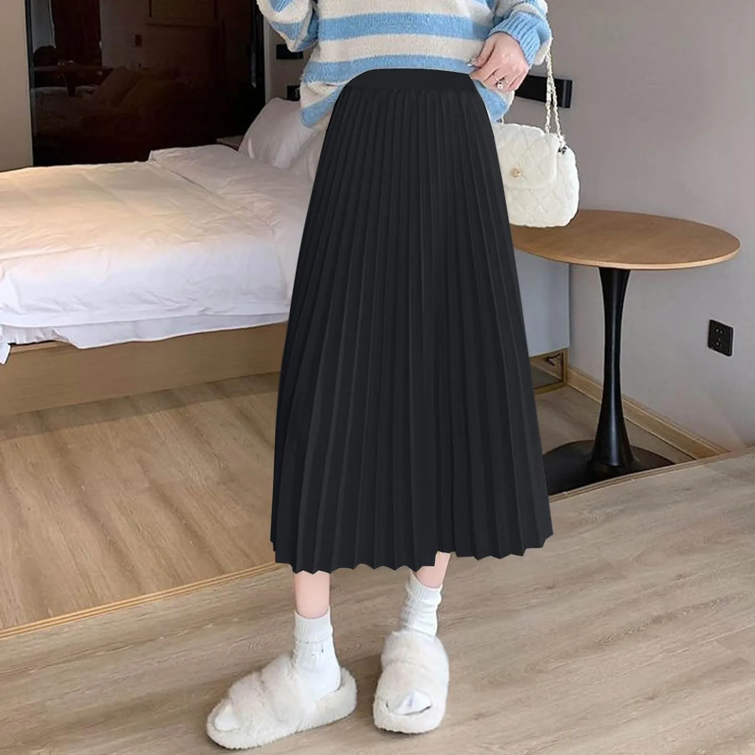 Women's Pleated A-Line Midi Skirts Trendy Casual Loose Elastic High Waist Swing Skirt Solid Flowy A-Line Long Skirts