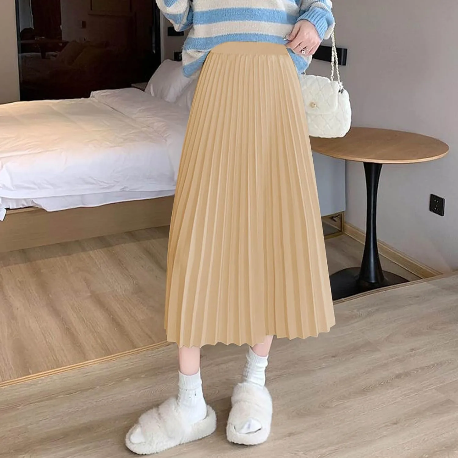 Women's Pleated A-Line Midi Skirts Trendy Casual Loose Elastic High Waist Swing Skirt Solid Flowy A-Line Long Skirts