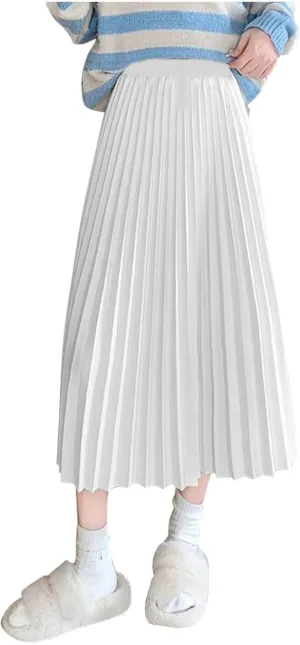 Women's Pleated A-Line Midi Skirts Trendy Casual Loose Elastic High Waist Swing Skirt Solid Flowy A-Line Long Skirts