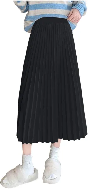 Women's Pleated A-Line Midi Skirts Trendy Casual Loose Elastic High Waist Swing Skirt Solid Flowy A-Line Long Skirts