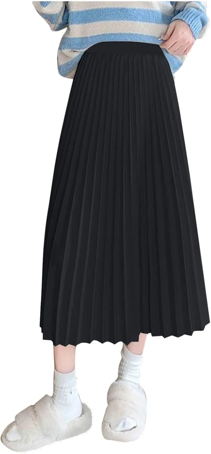 Women's Pleated A-Line Midi Skirts Trendy Casual Loose Elastic High Waist Swing Skirt Solid Flowy A-Line Long Skirts