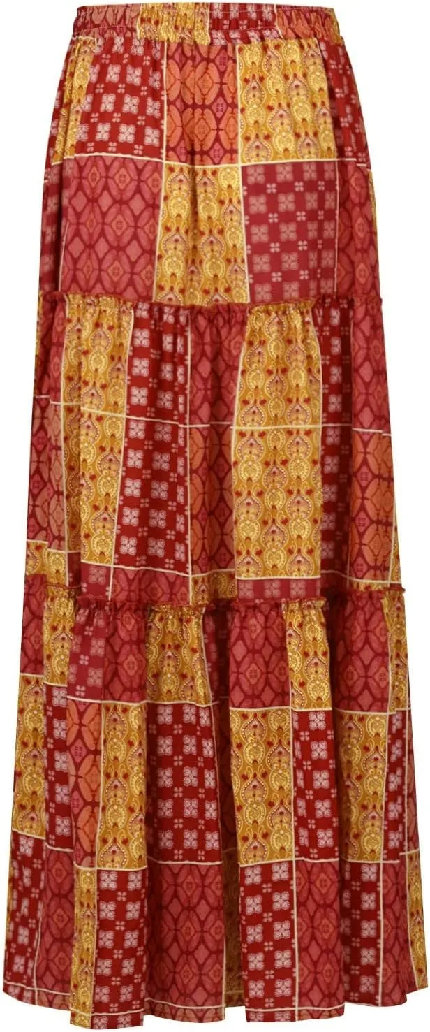 Women's Pleated Skirt Casual Loose Trendy Elastic High Waist Floral Print Boho Sun Beach Long Maxi Skirts, S-2XL