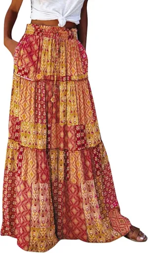 Women's Pleated Skirt Casual Loose Trendy Elastic High Waist Floral Print Boho Sun Beach Long Maxi Skirts, S-2XL