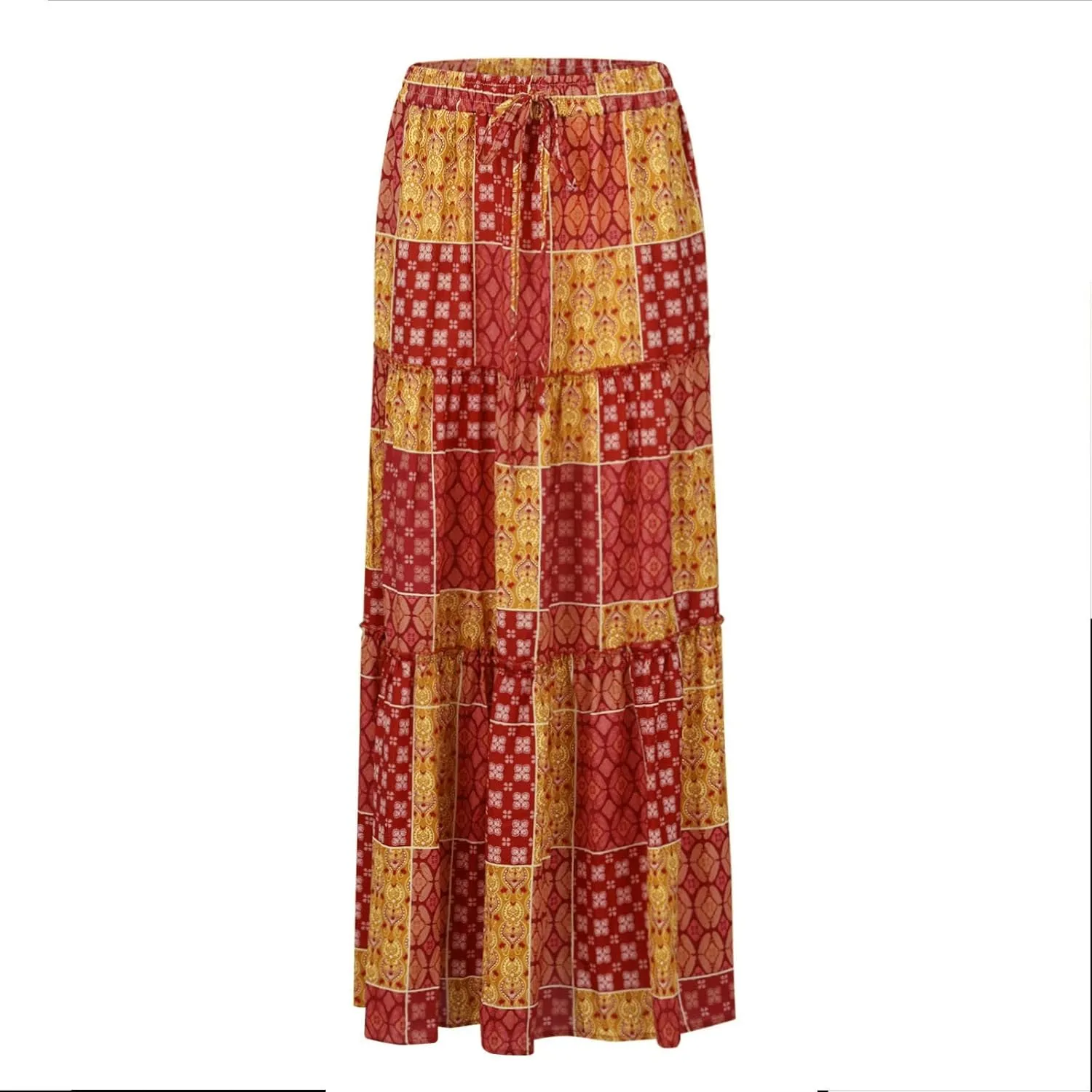 Women's Pleated Skirt Casual Loose Trendy Elastic High Waist Floral Print Boho Sun Beach Long Maxi Skirts, S-2XL