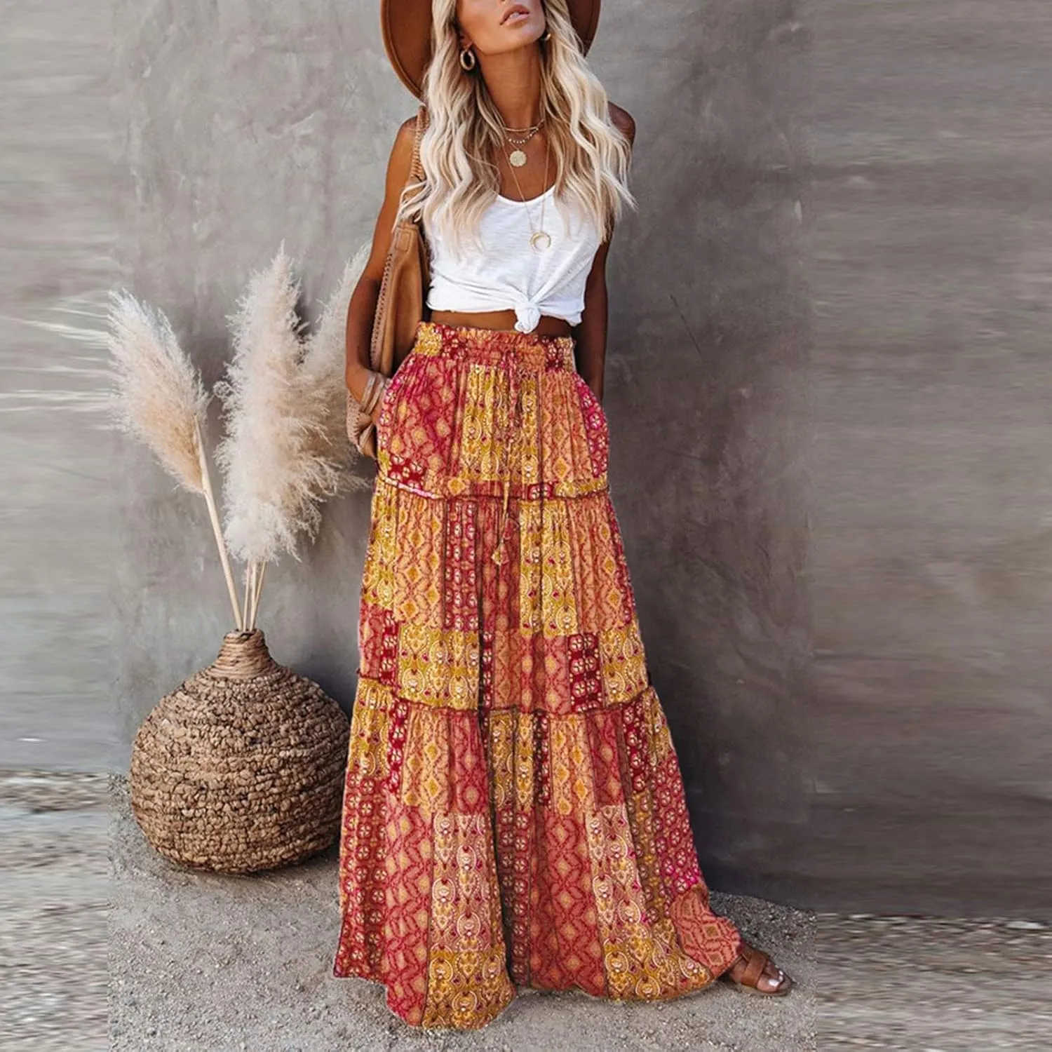 Women's Pleated Skirt Casual Loose Trendy Elastic High Waist Floral Print Boho Sun Beach Long Maxi Skirts, S-2XL