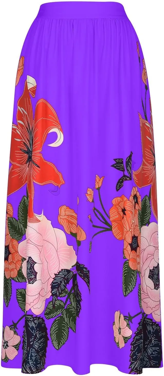 Women's Pleated Skirt Summer Casual Loose Trendy Elastic High Waist Floral Print Boho Sun Beach Maxi Skirts, S-2XL