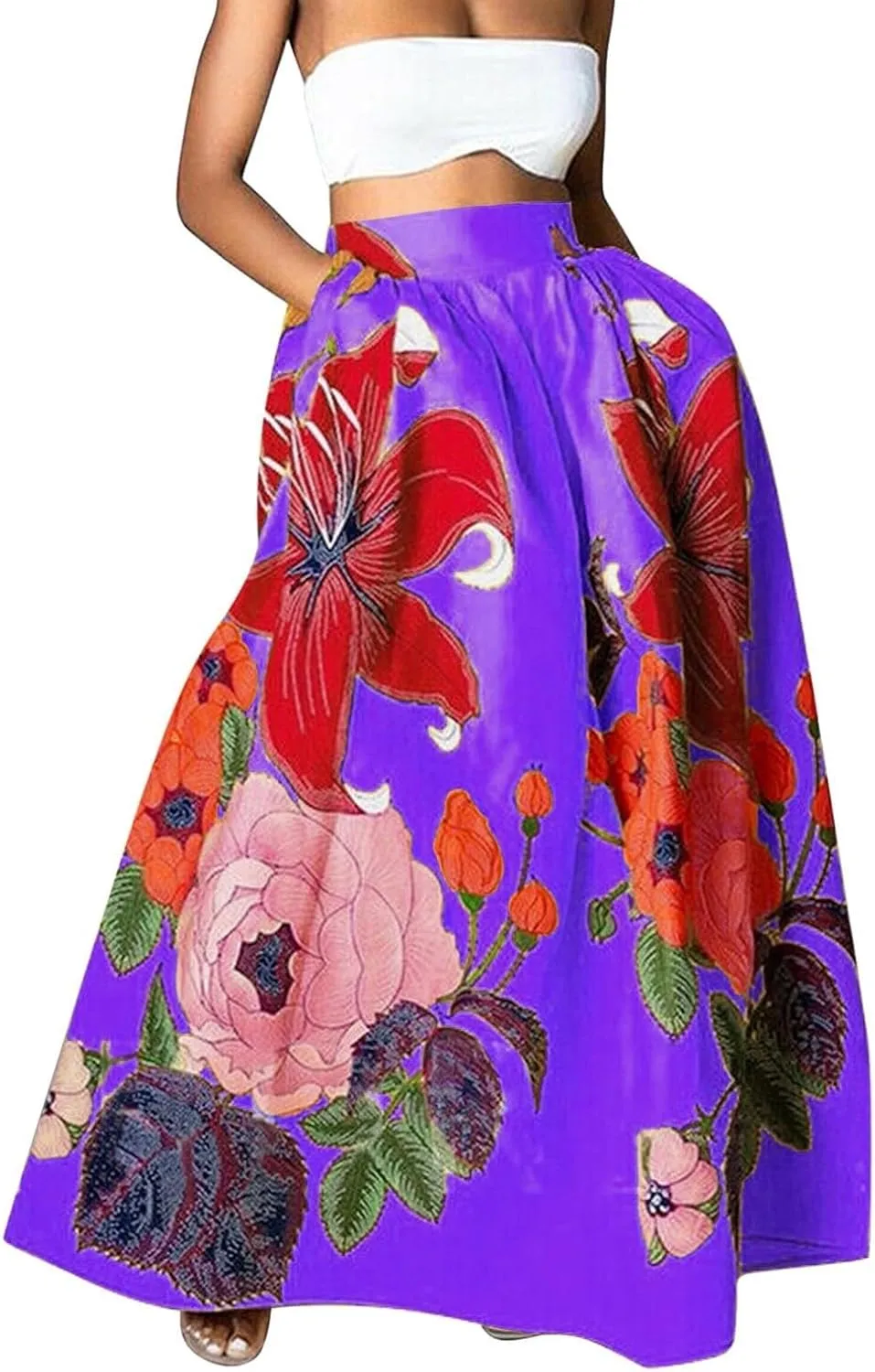 Women's Pleated Skirt Summer Casual Loose Trendy Elastic High Waist Floral Print Boho Sun Beach Maxi Skirts, S-2XL