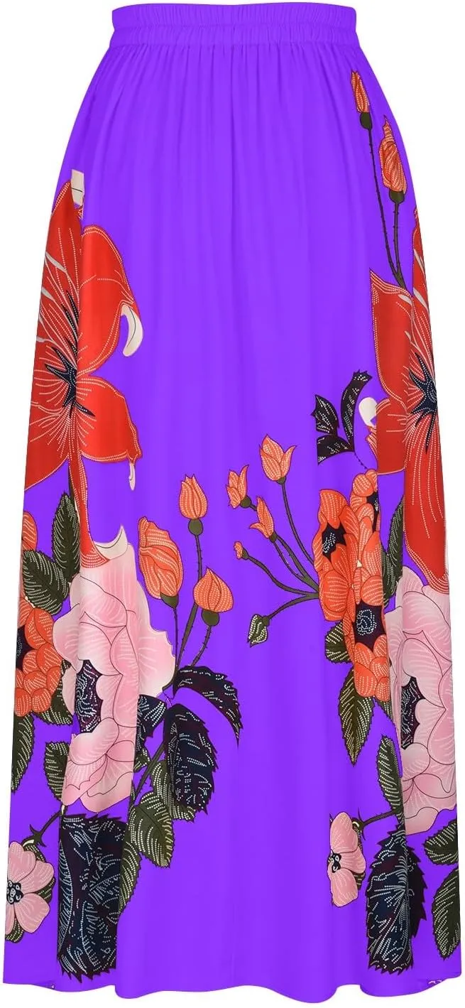 Women's Pleated Skirt Summer Casual Loose Trendy Elastic High Waist Floral Print Boho Sun Beach Maxi Skirts, S-2XL