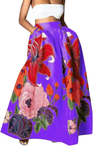 Women's Pleated Skirt Summer Casual Loose Trendy Elastic High Waist Floral Print Boho Sun Beach Maxi Skirts, S-2XL