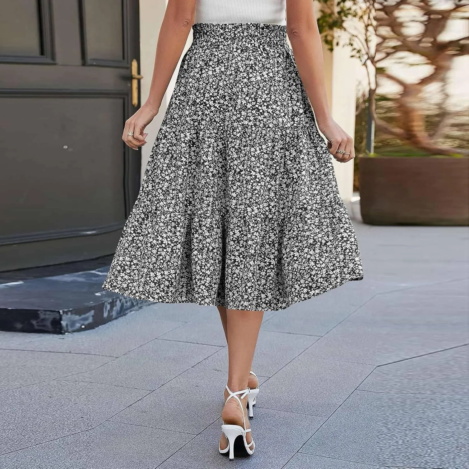 Women's Pleated Skirts Summer Casual Loose Trendy Elastic Waist Floral Print Bohemian Sun A-Line Maxi Skirt, S-XL