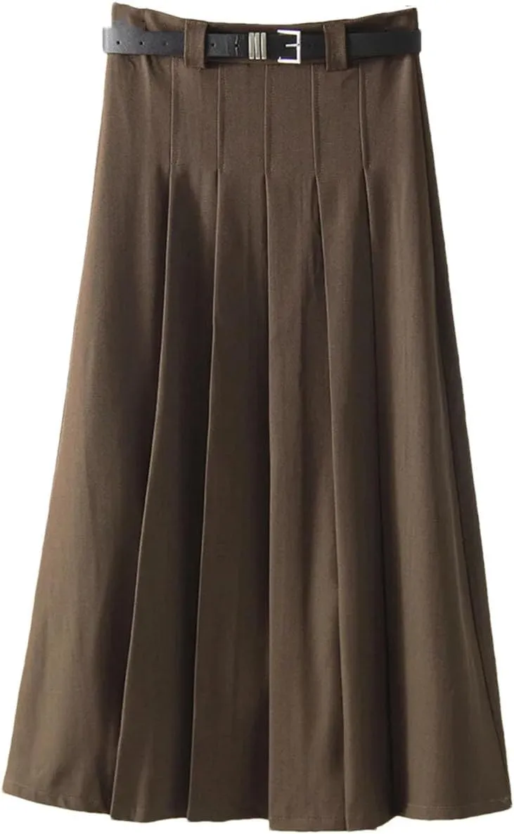 Women's Pleated Skirts Women High Waist A Line Zipper Maxi Skirts
