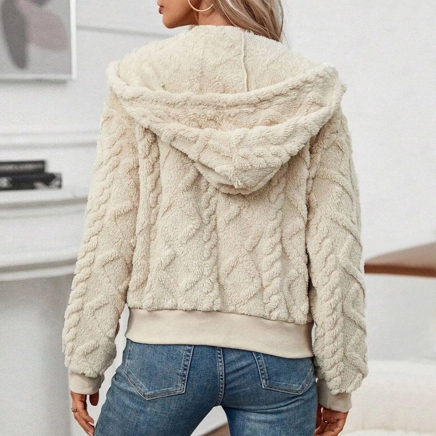 Womens Plush Pullover Jacket Solid Color Full Zip Hooded Sweatshirts Lightweight Loose Stand Collar Fleece Jackets