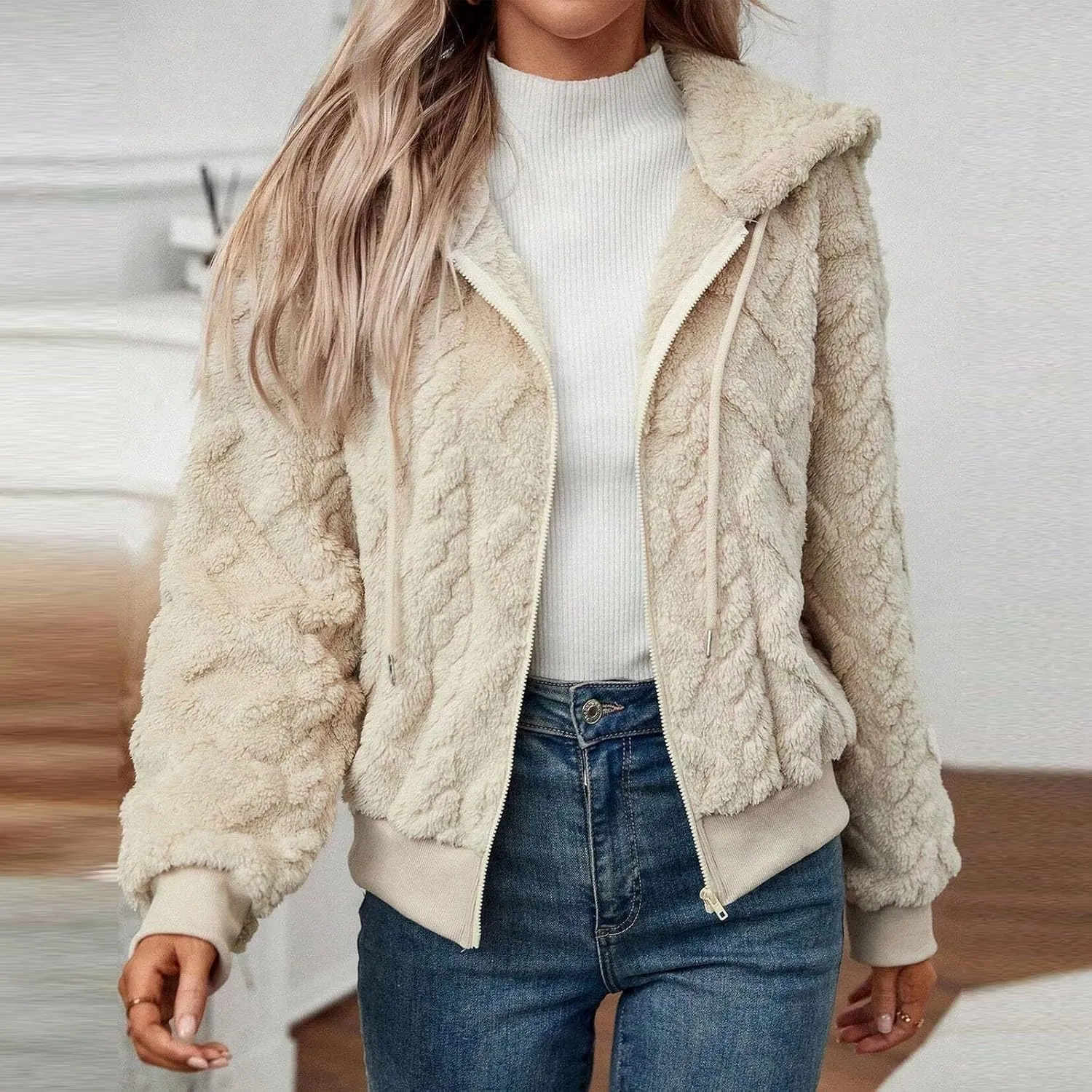 Womens Plush Pullover Jacket Solid Color Full Zip Hooded Sweatshirts Lightweight Loose Stand Collar Fleece Jackets