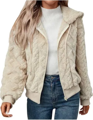 Womens Plush Pullover Jacket Solid Color Full Zip Hooded Sweatshirts Lightweight Loose Stand Collar Fleece Jackets