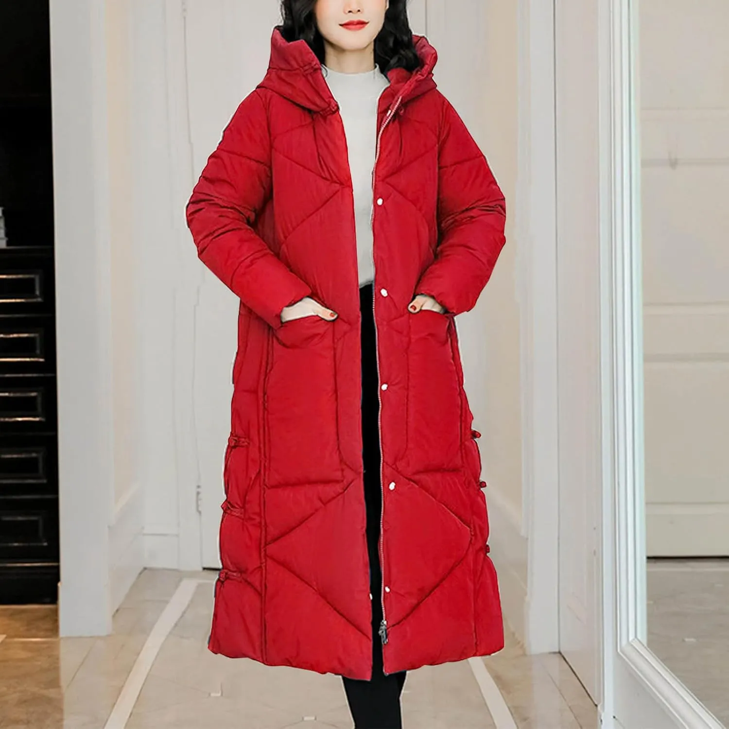 Women's Quilted Long Jackets Winter Zip Up Trench Coats Hooded Baggy Down Puffer Jacket Thickened Winter Warm Parkas