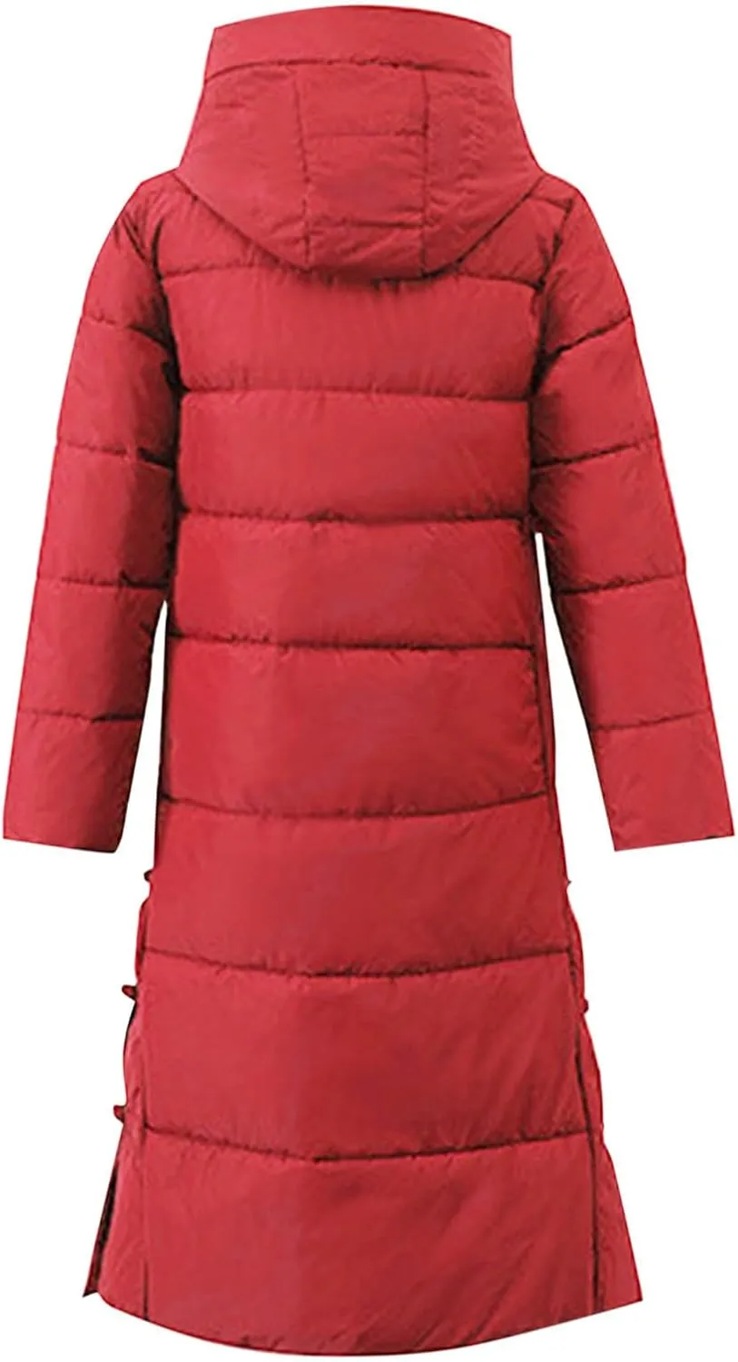 Women's Quilted Long Jackets Winter Zip Up Trench Coats Hooded Baggy Down Puffer Jacket Thickened Winter Warm Parkas